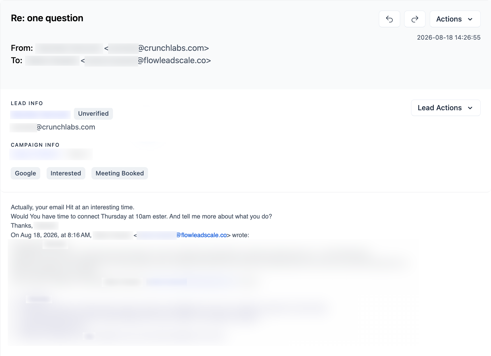 CrunchLabs email reply, with personal details redacted