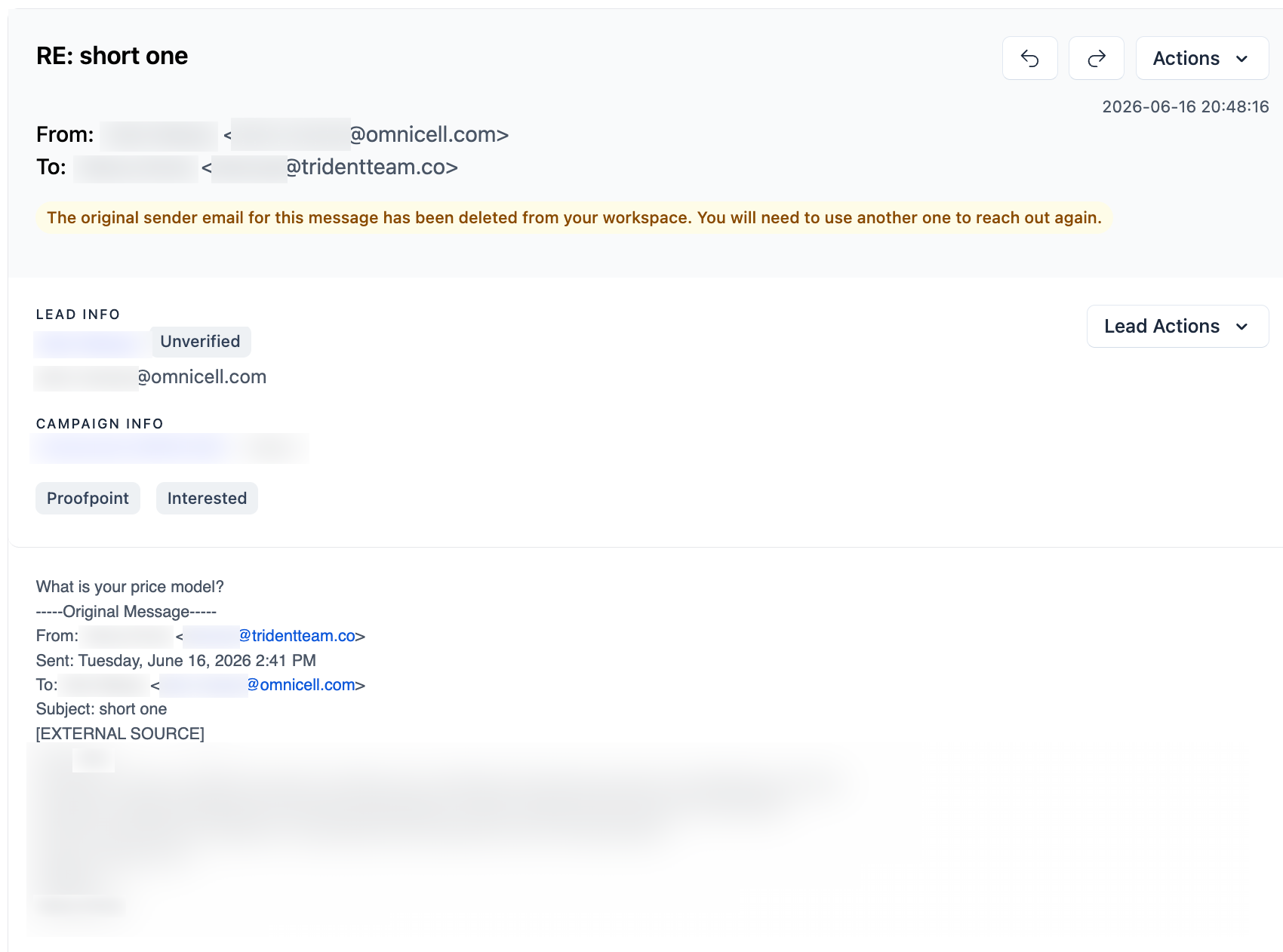 Omnicell email reply, with personal details redacted